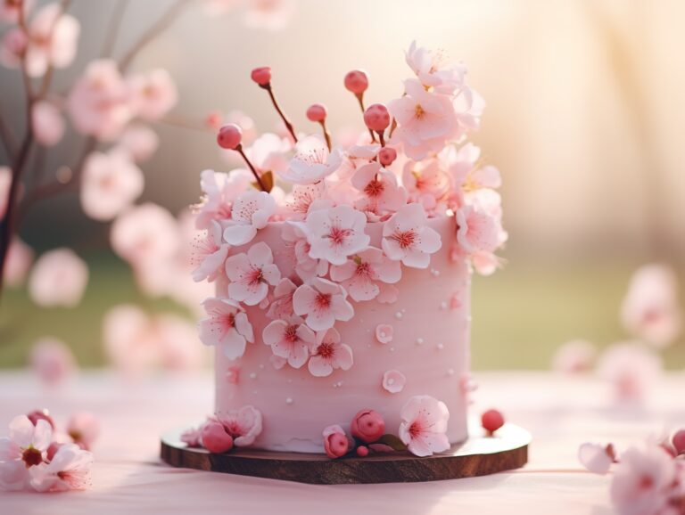 pink cherry blossom fondant cake decorated with icing flowers, birthday cake idea design, Generative Ai